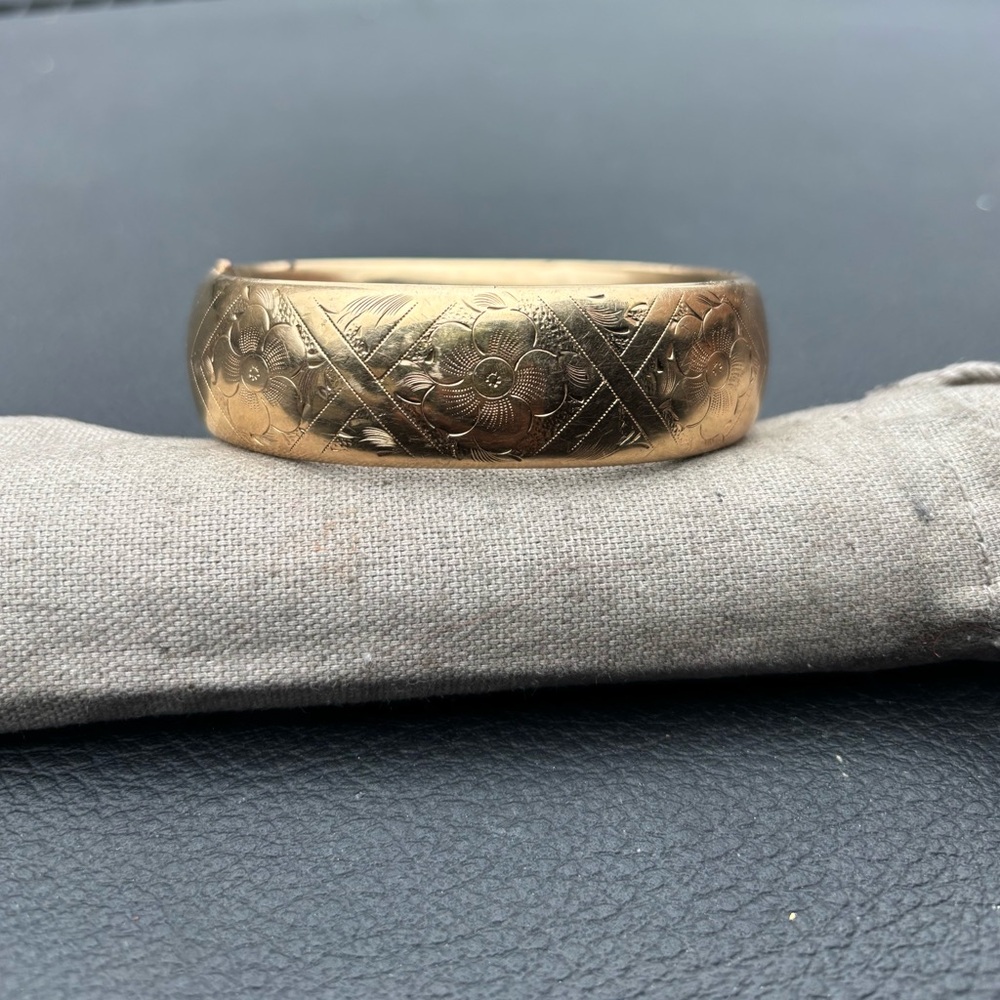 Late Victorian Wide Gold Filled Flower Design Bangle